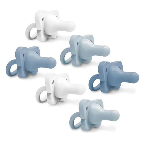 Dr. Brown's HappyPaci 100% Silicone Baby Pacifier, Contoured One-Piece Design, White, Blue, Light Blue, 0-6m, BPA-Free, 6 Pack