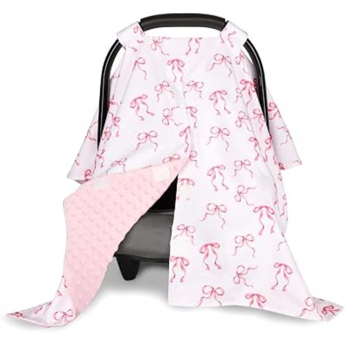Pink Car Seat Cover Baby Girl, Peekaboo Infant Car Seat Cover Summer, Multi-Use Newborn Carseat Canopy, Nursing Cover, Blanket, Pink Bow