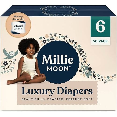 Millie Moon Luxury Diapers – Ultra Soft Cloud Touch Disposable Diapers with 12 Hour Absorbency & Wetness Indicator (6-50ct)