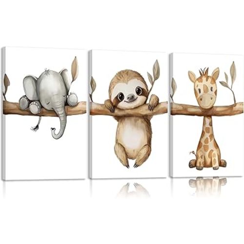 3Pcs Nursery Animal Canvas Wall Art Safari Nursery Poster Prints Jungle Kids Painting Cute Animal Elephant Sloth Giraffe Artwork Picture Wall Decor for Boys Room Girls Room 16x24in Framed