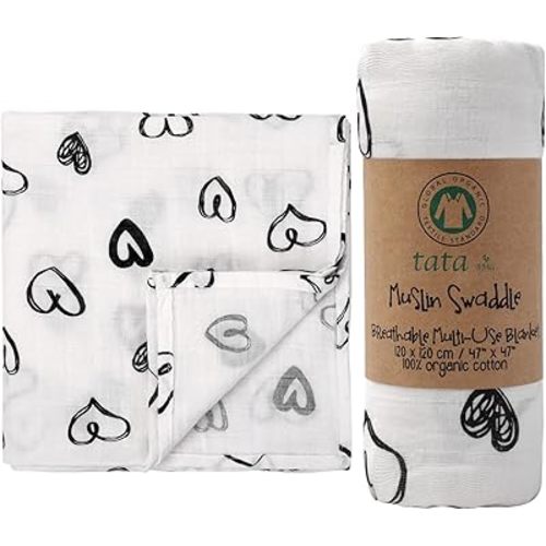 TATA AMG® 100% Organic Muslin Cotton Baby Swaddle Blanket – Soft & Breathable Receiving Blanket for Newborns, Girls & Boys – Large 47x47 | Multipurpose Baby Essentials | Pre-Washed & Gentle on Skin