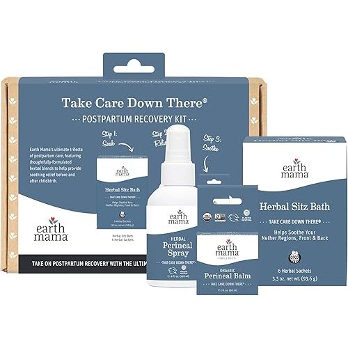Earth Mama Postpartum Recovery Kit, Take Care Down There® Trifecta with Organic Perineal Balm, Sitz Bath & Herbal Peri Spray, 3-Piece Set
