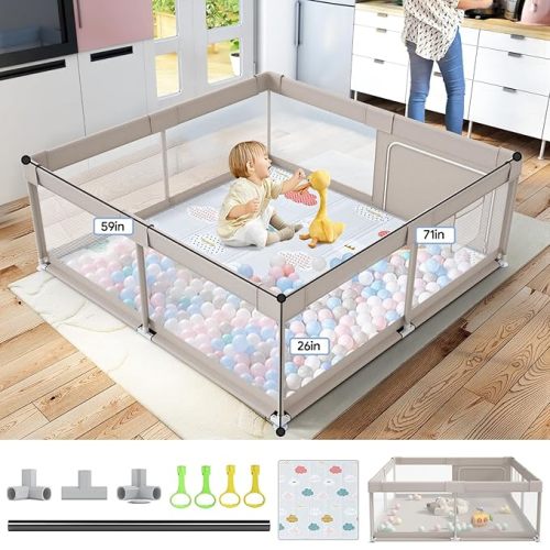 Fodoss Baby Playpen with Mat, 71x59inch Extra Large Playpen for Toddlers, Kids Play Pen with Gate, Baby Fence, Big Playard