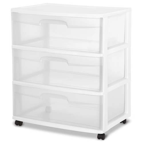 Sterilite Versatile 3 Drawer Wide Cart, White, Portable Storage Solution with Clear Drawers and Caster Wheels