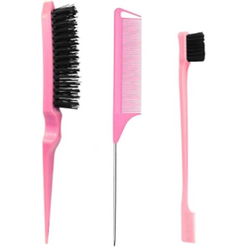 Pink Hair Brush Set - 3 Pcs, Slick Back, Rat Tail, Teasing Comb for Kids and Baby Hair Smoothing