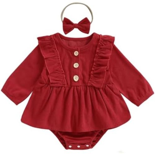 Karuedoo Newborn Infant Baby Girl Christmas Outfit Corduroy Ruffle Long Sleeve Romper Dress Tutu Jumpsuit with Headband