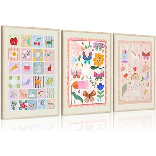 Pink Baby Girl Nursery Canvas Wall Art ABC Animal Alphabet Wall Decor Colorful Butterfly and Flowers Painting Picture Pastel Botanical Rainbow Poster Print Artwork for Kids Room Playroom, Unframed