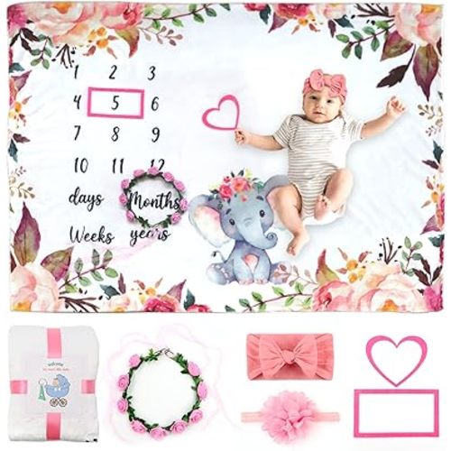 SPOKKI 6 PCS Baby Monthly Milestone Blanket Girl, 60''x40''Fleece Monthly Blanket Newborn with Headband for Photography Background Prop and Mom Nursery Shower Gift (Pink)