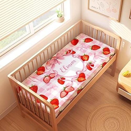 Personalized Baby Crib Sheets with Strawberry – Custom Name Fitted Crib Mattress Sheet for Girls, Soft Nursery Bedding for Newborn, Infant & Toddler Beds
