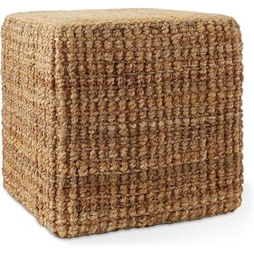 Casafield Handwoven Pouf Ottoman, 18" W x 18" D x 18" H Square Footrest, Woven Seagrass Ottoman, Decorative Indoor Boho Home Accent for Living Room