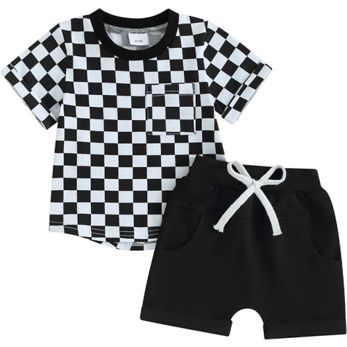 Toddler Baby Boy Girl Summer Clothes Checkerboard Print Short Sleeve T-Shirt Tee Tops Rolled Shorts Infant Outfits