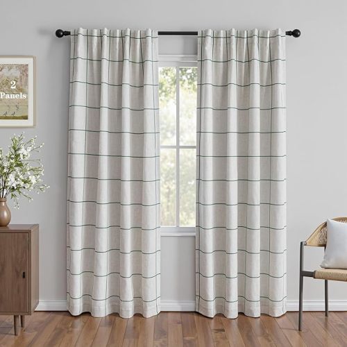 MYSKY HOME 100% Blackout Plaid Farmhouse Linen Curtains 84 Inch Long 2 Panels Set for Living Room Double Layer Checkered Drapes Thermal Insulated Privacy Protection Rod Pocket Back Tab, 52" W, Green