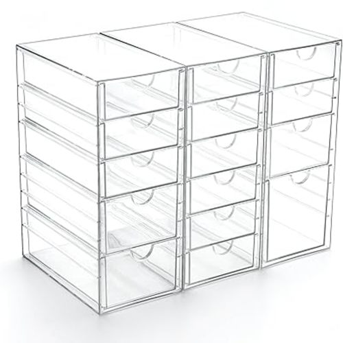 Prsildan Acrylic Drawer Organizer with 15 Drawers, Makeup Craft Office Desk Organizers Accessories, Set of 3 Clear Stackable Storage Drawers for Vanity, Countertop, Jewelry, Art Supply Organization
