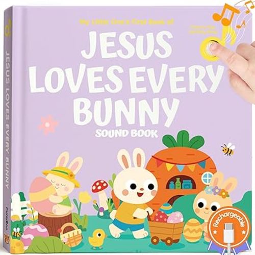 Jesus Loves Every Bunny Christian Sound Books for Toddlers – 6 Christian Songs, Rechargeable Music Song Books for Kids, Christening & Baptism Gifts for Baby Girl/Boy, Interactive Religious Singing Toy
