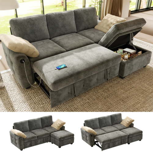 BedLuxury 81" Sectional Sleeper Sofa With Pull Out Bed, L Shape Couch with Storage Ottoman for Living Room, Gray