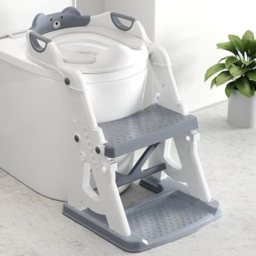 Potty Training Seat, 2 in 1 Potty Training Toilet with Step Stool for Boys Girls, Toddler Toilet Seat with Stabilizer Crossbar, Anti-Slip Pads and Splash Guard, Grey