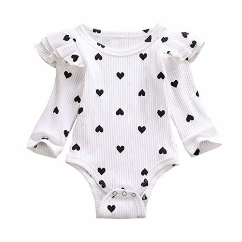 Kuriozud Newborn Baby Girl Ruffle Romper Ribbed Bodysuit Long Sleeve Heart Clothes - White Ruffle Romper - 3-6 Months