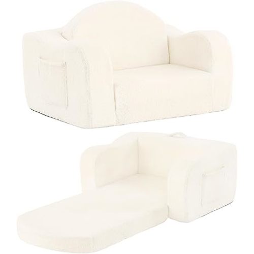 Tiita Kids Chairs for Child, 2-in-1 Children Soft Sherpa Couch Fold Out, Convertible Sofa to Lounger for Girls and Boys, Beige
