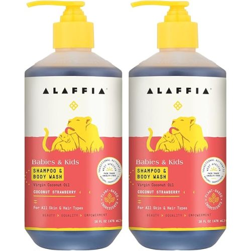 Alaffia Babies and Kids Shampoo and Body Wash, Gentle and Calming Support for Soft Hair and Skin with Shea Butter, Neem, and Coconut Oil, Fair Trade, Coconut Strawberry, 2 Pack – 16 Fl Oz Ea