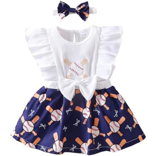 Baby Girl Clothes Newborn Romper Dresses Baseball Soccer Ruffle Sleeveless Bodysuit Infant Summer Outfit with Headband 0-24M