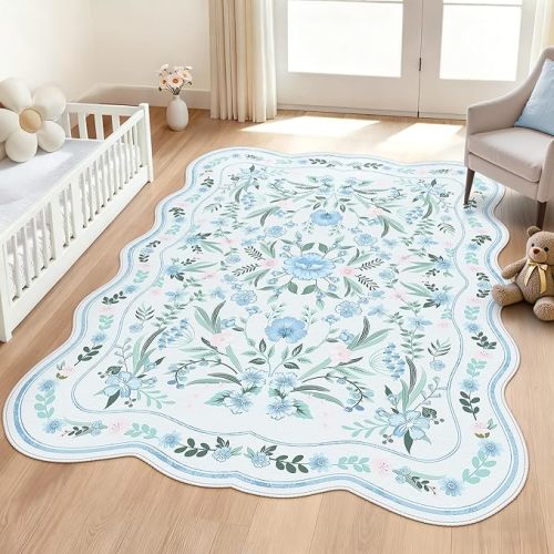Blue Floral Area Rug 5x7, Washable Scalloped Boho Carpet for Girls Bedroom, Living Room, or Nursery, Cute Non-Slip Soft Cottagecore Rug for Kids Room or Playroom Home Décor