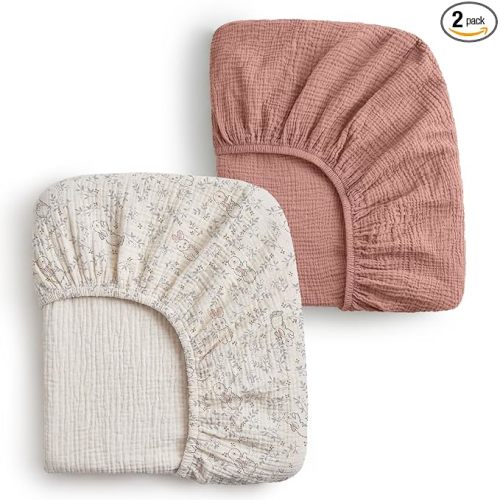 Blissful Diary Muslin Crib Sheets for Girl Boy, Boho Neutral Soft Cotton Baby Sheet for 52''x28'' Standard Crib Mattress, 2 Pack(Pink Floral&Light Pink)