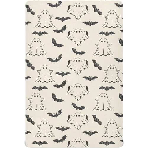 Crib Sheets for Boys Girl Halloween Ghosts Bat Silhouettes Breathable Mini Crib Mattress Sheets Fitted,Toddler Baby Sheets for Crib Mattress Soft & Breathable 39 * 27 * 5In Black