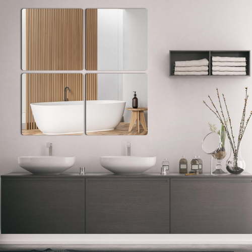 Acrylic Mirror 8 x 8 inch Flexible Tiles Small Mirrors 4 Pack, Sheets Wall Stickers Frameless Small Mirrors Set for Bathroom Home Gym