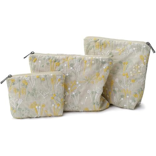 Small Cosmetic Bag Set of 3 for Purse, Beige Floral Cotton Makeup Pouch Set, 3 Sizes Zipper Organizer for Travel & Toiletries, Gift for Her Birthday, Bridesmaid & Best Friend