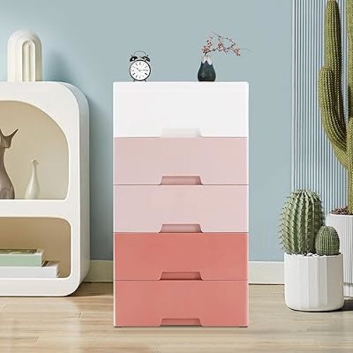 5 Drawers Clothing Storage Cabinet Plastic Dresser Organizer Tall Dresser for Bedroom Modern Movable Storage Tower Vertical Storage Unit for Home Living Room Kid Room Entryway Hallway Nursery Office