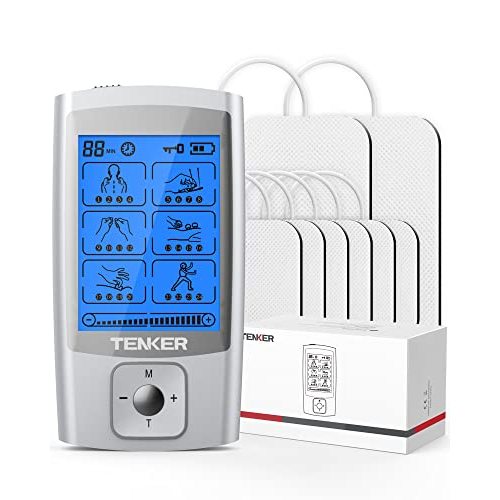 TENKER TENS Unit Muscle Stimulator, 24 Modes EMS Machine for Pain Relief Therapy/Pain Management, Rechargeable Electronic Pulse Massager with 2"x2" and 2"x4" Electrode Pads (Silver)