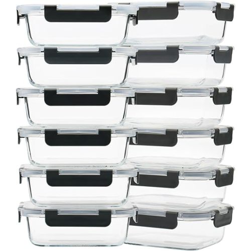 12 Pack 22oz Glass Meal Prep Containers, Food Storage Containers with Lids, Air-Tight, Leak-Resistant, Freezer to Microwave Safe - Grey Set