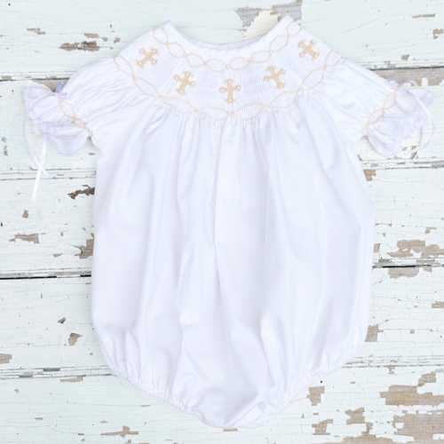 Smocked Cross Bubble Romper Baptism Baby Dedication Church Easter Heirloom Outfit Pearls Lace Bows Girls Hand Smocking White Cream