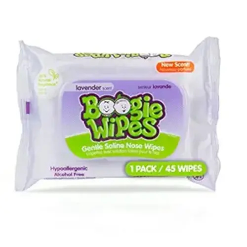 Saline Nose Wipes by Boogie, for Baby & Kids, Face, Hand & Body, Made with Vitamin E, Aloe, and Natural Saline, Lavender Scent, 45 Count (Pack of 1)