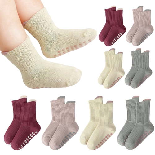 Bocaoying 8 Pairs Baby Non Slip Socks, 1-3 Toddler Crew Socks, 80% Combed Cotton Anti Skid Soles & Heel Pull Tab 4-Color Socks Gift Set - M
