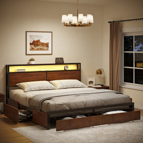 17 Stories Antioch Modern King Bed with 4 Drawers and Open Storage Headboard, Adjustable LED Light and Charging Station, No Box Spring Needed & Reviews | Wayfair