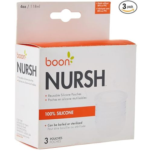 Boon Nursh Reusable Replacement Pouch with Collapsible Silicone Pouch Design - Everyday Baby Essentials - Stage 1 Slow Flow Bottles - Gray - 4 Oz