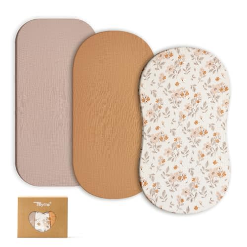 TILLYOU Muslin Bassinet Sheets for Baby Boys Girls 3 Pack, Soft Breathable Elastic Cotton Bassinet Mattress Sheets, Fit Hourglass Oval Rectangle Cradle Mattress, 33"X17",Yellow Flower