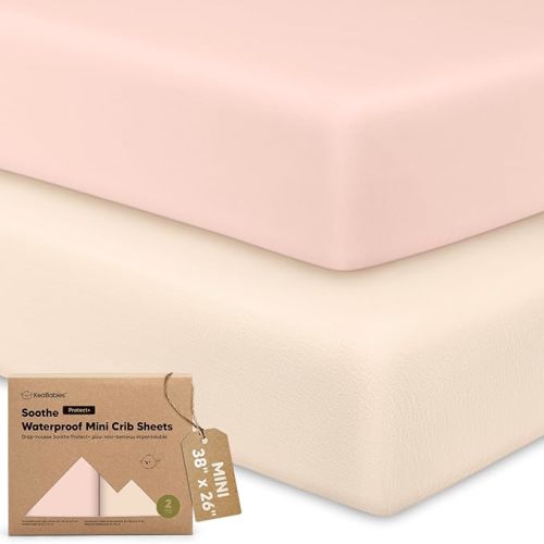 2 Pack and Play Sheets, Waterproof Mini Crib Sheets Fitted - 38x26 Organic Cotton Pack N Play Sheets for Graco Pack and Play Mattress, Playard Baby Crib Sheets, Neutral for Boy, Girl, Toddler (Cameo)