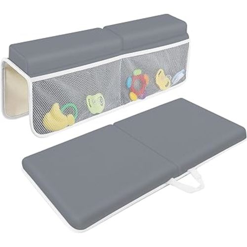 Bath Kneeler with Elbow Rest Pad Set, 1.5 inch Kneeling Pad Mat for Bathtub Baby Bathing Parents, Painless Foam Mat with Toy Organizer Pockets, Non-Slip for Baby and Toddler Bathing，Dark Grey