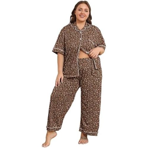Vozanet Women's Plus Size Pajamas Button Down Shirt and Pants Soft Lounge Sets Bride Nighty Bottom with Pockets 1x to 5x