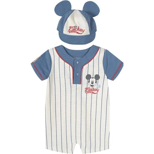 Disney Mickey Mouse Baby French Terry Baseball Romper and Hat Athletic Outfit Set Newborn to Infant Sizes (0-24 Months)