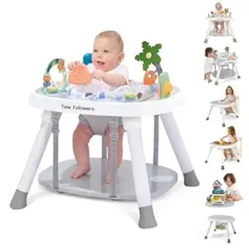 Time Followers® 6-in-1 Baby Activity Center | 4 Stage Montessori-Inspired Toys | Grow Stationary Standing Toddler Table | Jumpers & Bouncers | Must Have for Boy & Girl 6, 12, 24+ Month Old (White)