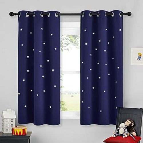 NICETOWN Star Curtout Curtains for Boys Bedroom, Starry Night Room Darkening Rod Pocket Window Drapes for Baby Nursery, Short Grommet Curtains for Small Window, Single Panel, 34W x 54L, Navy Blue