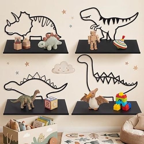 Sieral 4 Pcs Dinosaur Wall Shelf Metal Dinosaur Decorative Bookshelf Small Dino Nursery Decor Hanging Dino Shelf with Pegs for Bedroom Living Room Bathroom Decor