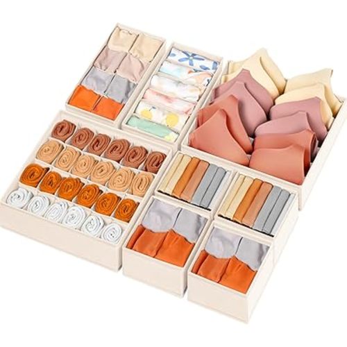 Drawer Organizer Clothes, 8 Pack Dresser Organizer Bins for Baby Clothes, Underwear Sock, Fabric Closet Organization and Storage Dividers for Nursery Bedroom (48 Compartments, Beige)