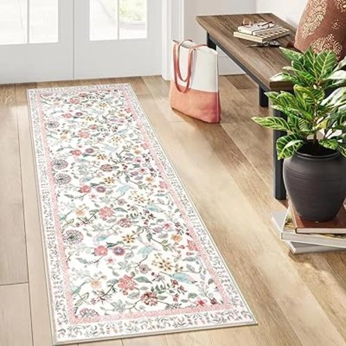 Floral Washable Runner Rug, 2x6 Pink Rug Runners for Hallways Non-Slip, Soft Low Pile Flower Birds Long Bathroom Mat Botanical Throw Carpet for Kitchen Laundry Entryway Porch