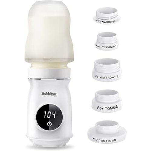 Bubblbay Portable Bottle Warmer, 4 Min Fast Heating, 104° Digital Thermostat Travel Bottle Warmer with 5 Adapters Leak-Proof Design,Wireless LED Display Bottle Warmer for Breastmilk or Formula