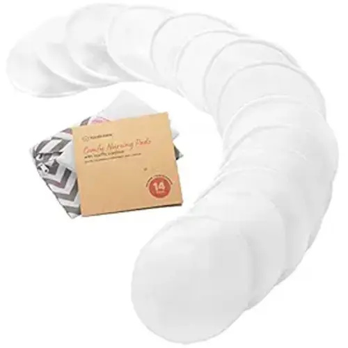 Organic Nursing Pads - 14 Washable Breast Pads for Breastfeeding, Wash Bag, Viscose Derived from Bamboo Reusable Nipple Covers for Breastfeeding Essentials, Soft & Absorbent(Soft White, L 4.8")