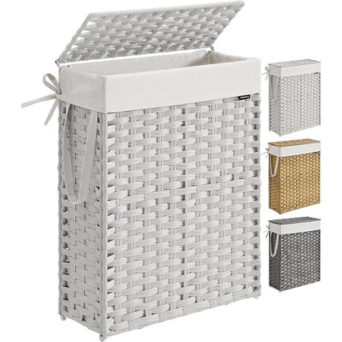 SONGMICS Slim Laundry Hamper with Lid, 14.5 Gallon (55L) Rattan Clothes Laundry Basket with Lid and Handles, Foldable, Removable Liner, Cloud White ULCB164W01